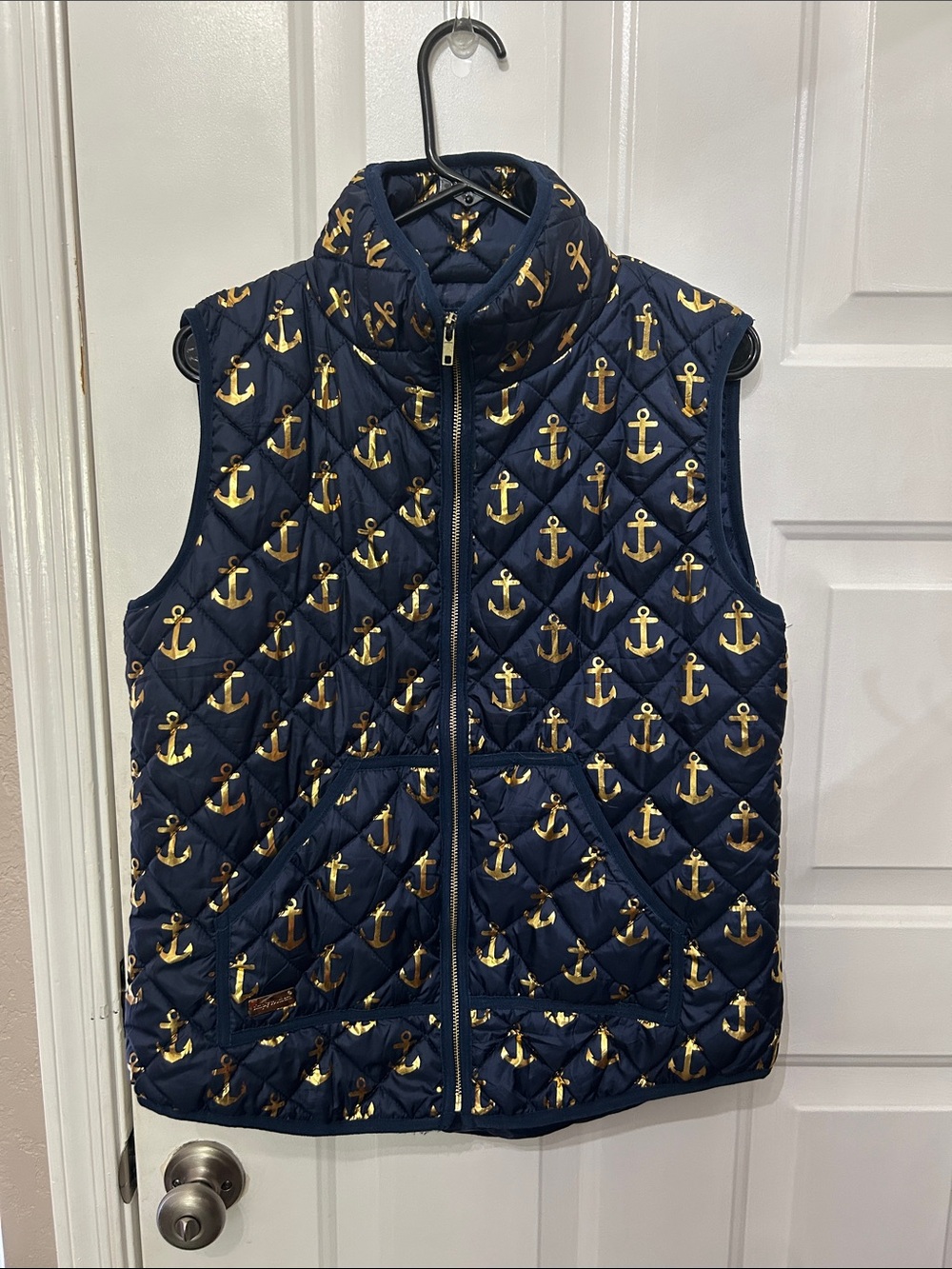 Navy Quilted Anchor-Print Puffer Vest - Navy & Gold